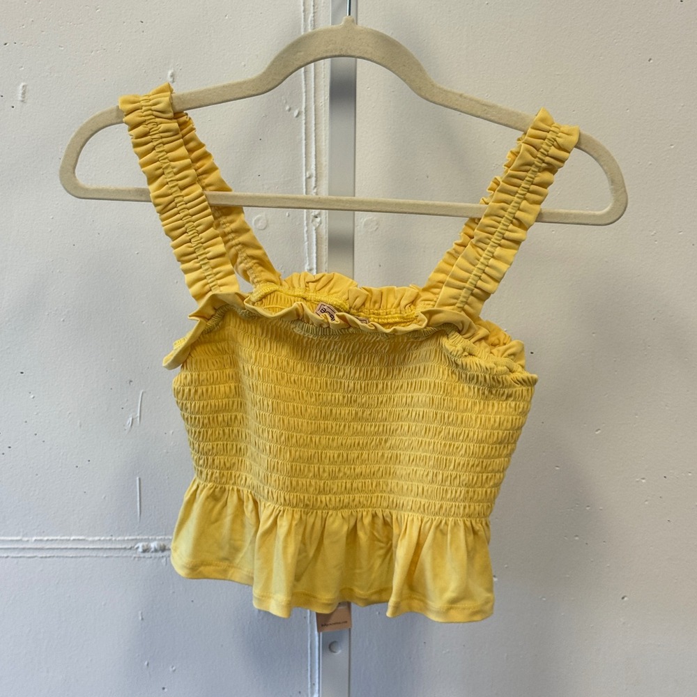 BWT BCBGeneration Smocked Crop Top Citrus Yellow Ruffle Strap YDM1272035-746 XXS